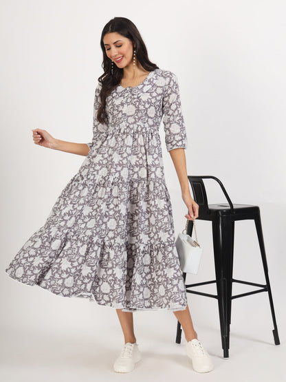 Women Grey Floral Printed Cotton Dress | LASVINI - Redefining Indian Fashion with Elegance