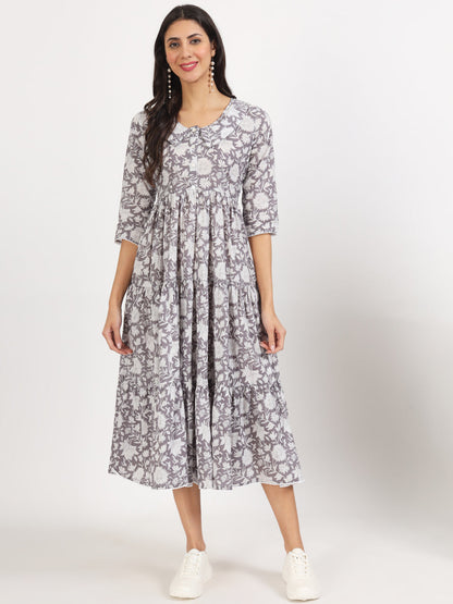 Women Grey Floral Printed Cotton Dress | LASVINI - Redefining Indian Fashion with Elegance