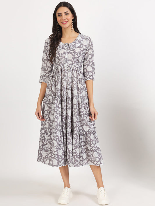 Women Grey Floral Printed Cotton Dress | LASVINI - Redefining Indian Fashion with Elegance