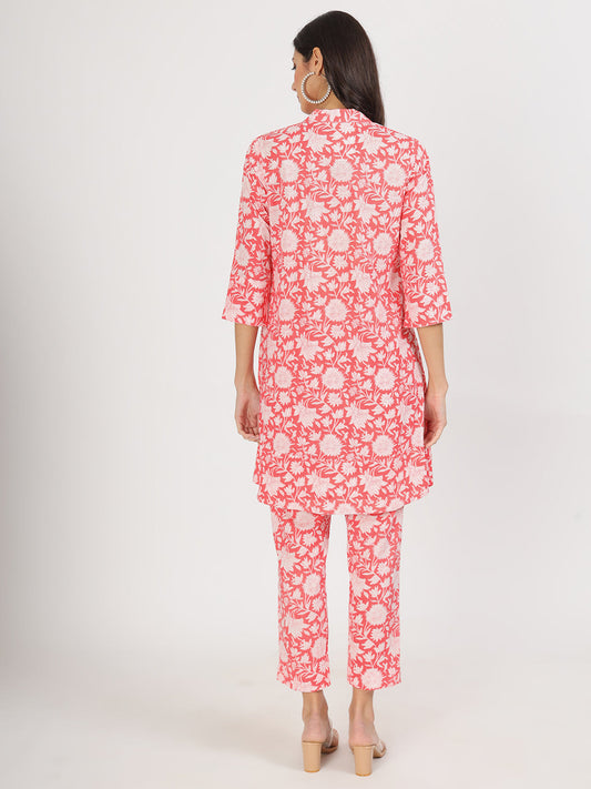 Women Pink Floral Printed Cotton Co Ord Set | LASVINI - Redefining Indian Fashion with Elegance