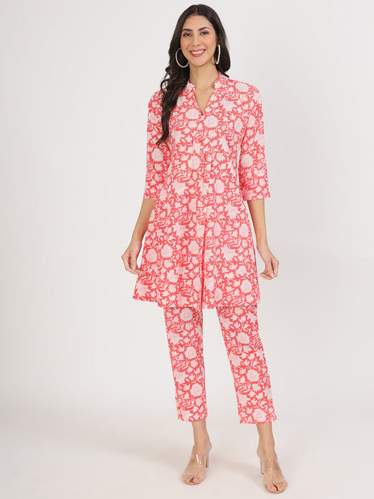 Women Pink Floral Printed Cotton Co Ord Set | LASVINI - Redefining Indian Fashion with Elegance