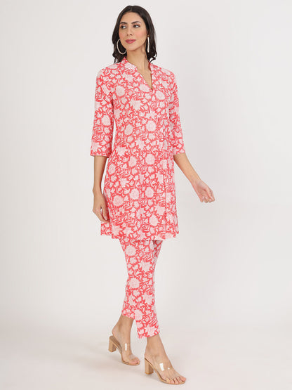 Women Pink Floral Printed Cotton Co Ord Set | LASVINI - Redefining Indian Fashion with Elegance