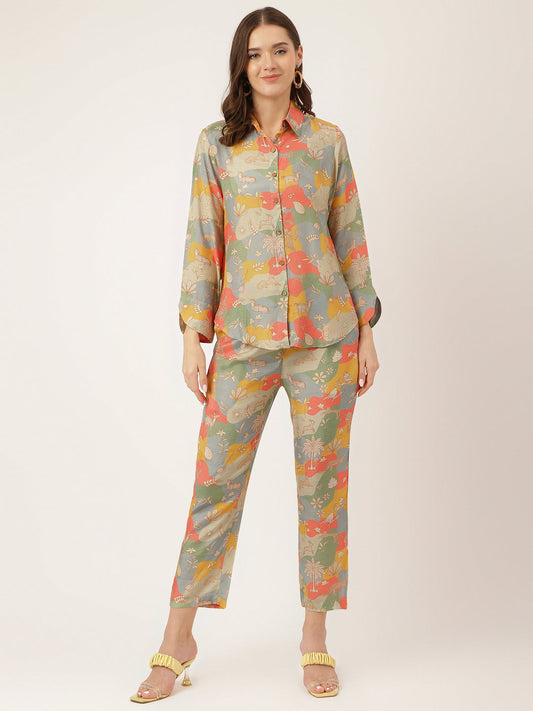 Multi Colour Quirky Print Muslin Co Ord Set | LASVINI - Redefining Indian Fashion with Elegance