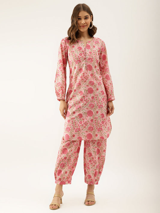 Women Pink Floral Print Cotton Co-Ord Set | LASVINI - Redefining Indian Fashion with Elegance
