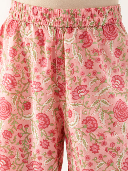 Women Pink Floral Print Cotton Co-Ord Set | LASVINI - Redefining Indian Fashion with Elegance