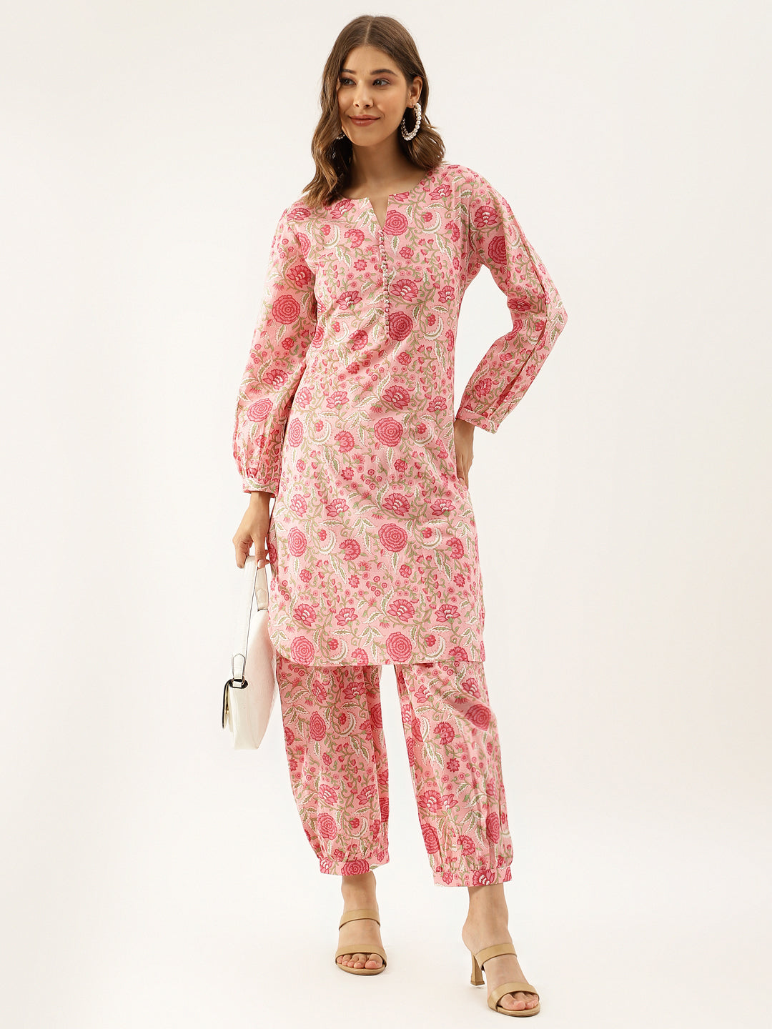 Women Pink Floral Print Cotton Co-Ord Set | LASVINI - Redefining Indian Fashion with Elegance