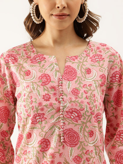 Women Pink Floral Print Cotton Co-Ord Set | LASVINI - Redefining Indian Fashion with Elegance