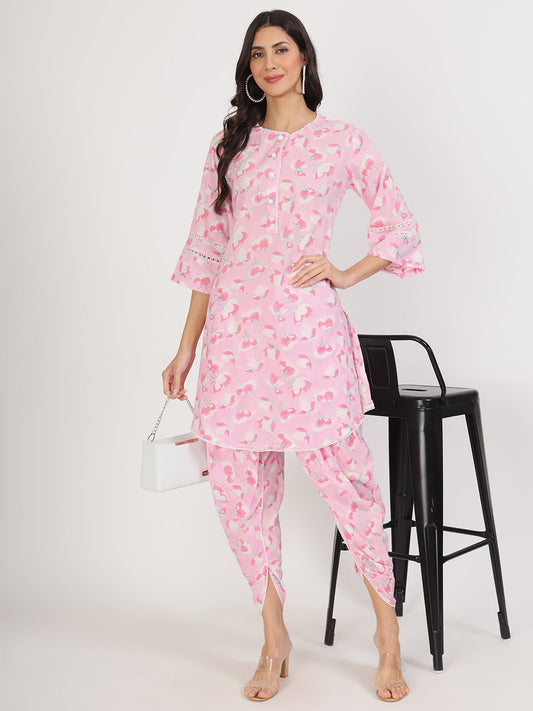 Women Pink Floral Printed Cotton Co-Ord Set | LASVINI - Redefining Indian Fashion with Elegance