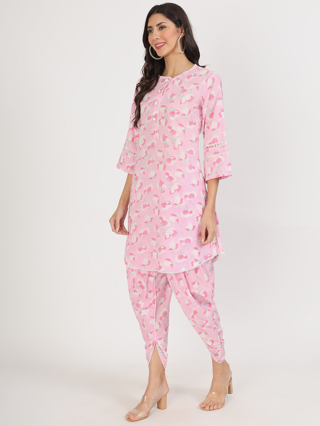 Women Pink Floral Printed Cotton Co-Ord Set | LASVINI - Redefining Indian Fashion with Elegance