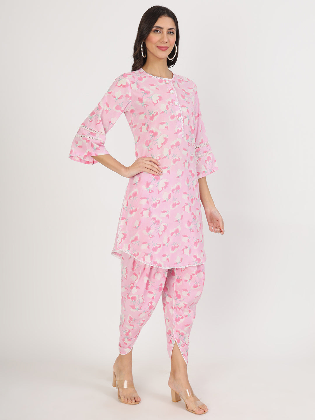 Women Pink Floral Printed Cotton Co-Ord Set | LASVINI - Redefining Indian Fashion with Elegance