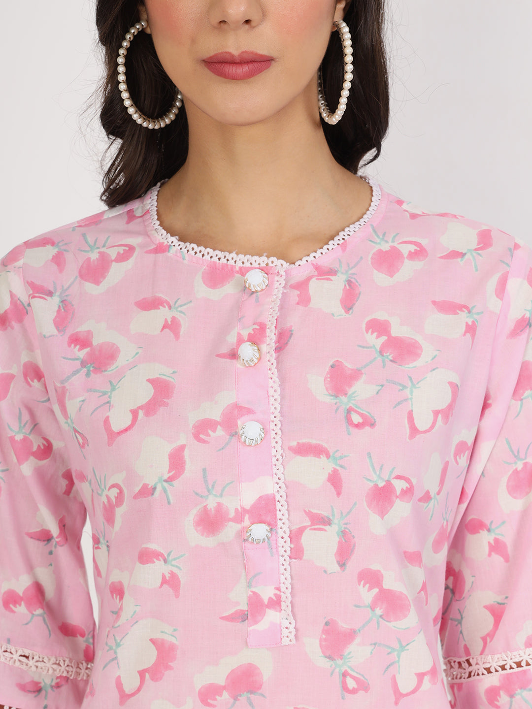 Women Pink Floral Printed Cotton Co-Ord Set | LASVINI - Redefining Indian Fashion with Elegance
