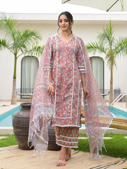 Maroon Floral Print Cotton Hand Block Kurta Set For Women | LASVINI - Redefining Indian Fashion with Elegance