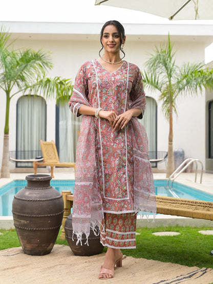 Maroon Floral Print Cotton Hand Block Kurta Set For Women | LASVINI - Redefining Indian Fashion with Elegance