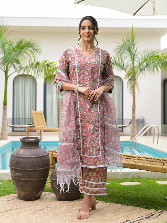 Maroon Floral Print Cotton Hand Block Kurta Set For Women | LASVINI - Redefining Indian Fashion with Elegance