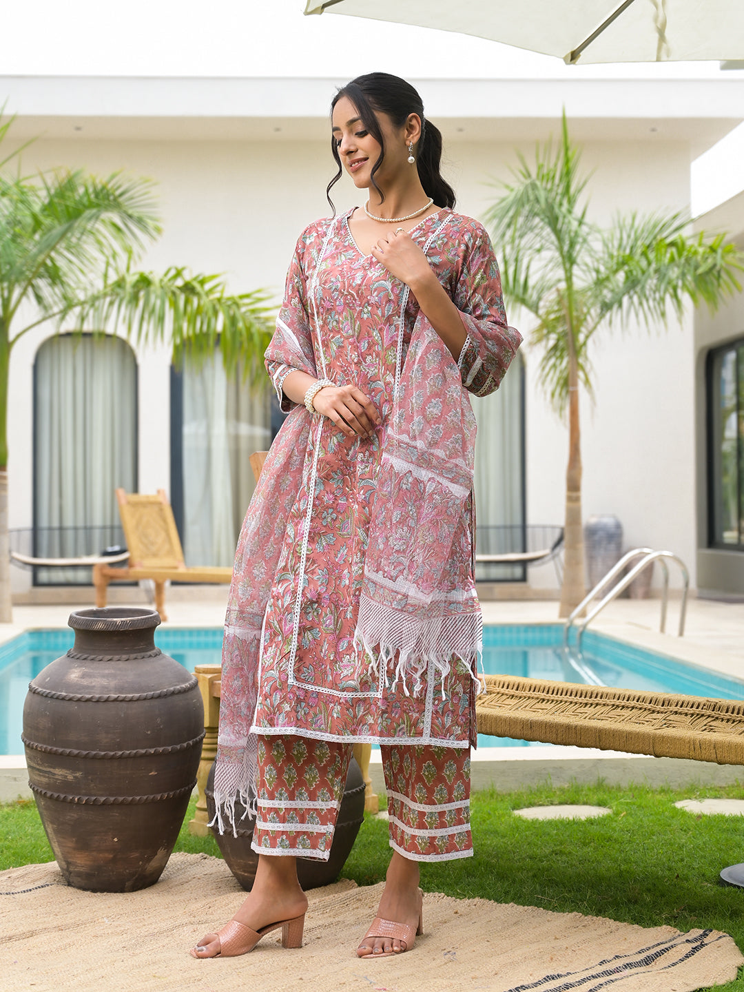Maroon Floral Print Cotton Hand Block Kurta Set For Women | LASVINI - Redefining Indian Fashion with Elegance