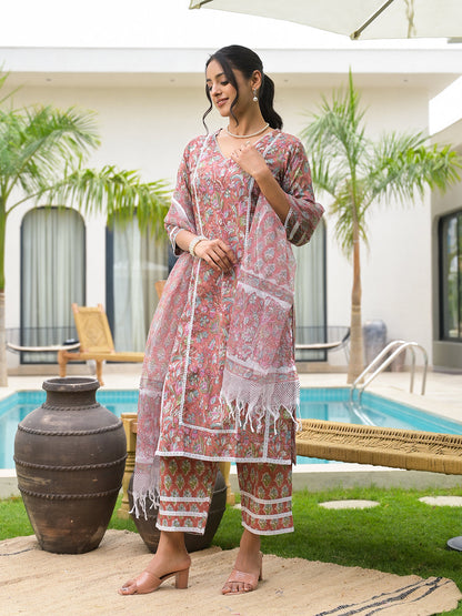Maroon Floral Print Cotton Hand Block Kurta Set For Women | LASVINI - Redefining Indian Fashion with Elegance