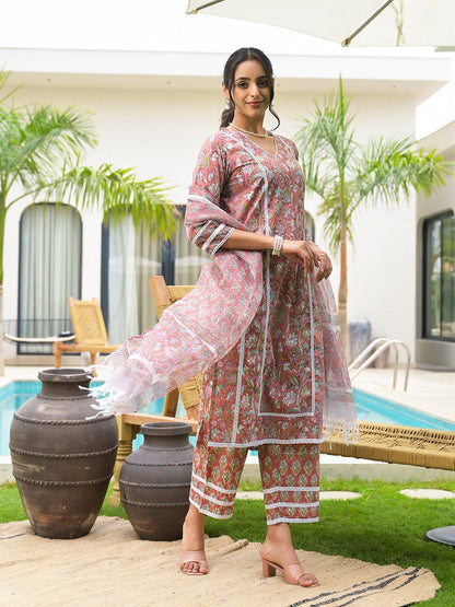 Maroon Floral Print Cotton Hand Block Kurta Set For Women | LASVINI - Redefining Indian Fashion with Elegance