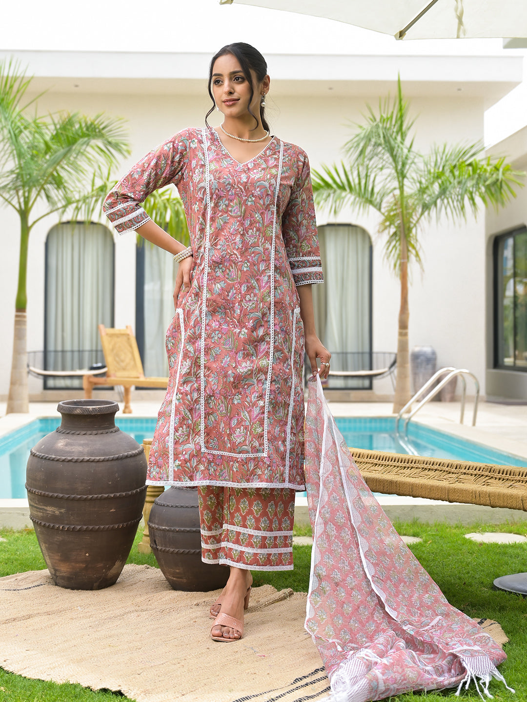 Maroon Floral Print Cotton Hand Block Kurta Set For Women | LASVINI - Redefining Indian Fashion with Elegance