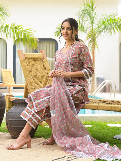 Maroon Floral Print Cotton Hand Block Kurta Set For Women | LASVINI - Redefining Indian Fashion with Elegance