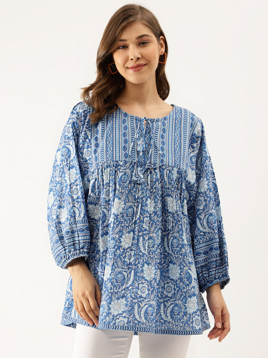 Blue Printed Cotton Peplum Top | LASVINI - Redefining Indian Fashion with Elegance