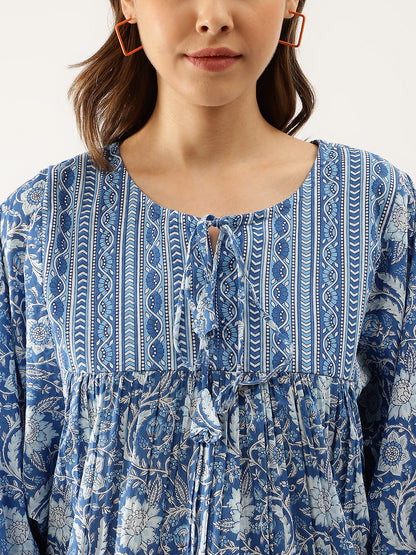 Blue Printed Cotton Peplum Top | LASVINI - Redefining Indian Fashion with Elegance