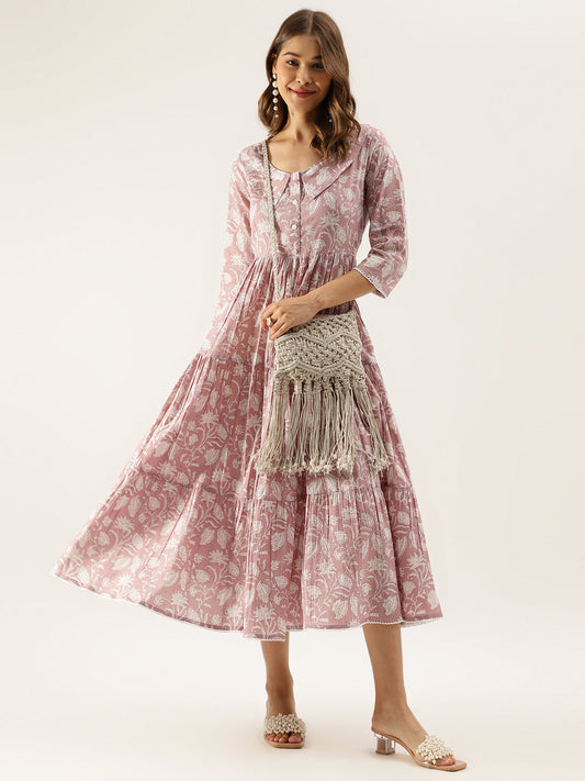 Women Lavender Floral Printed Cotton Ethnic Dress | LASVINI - Redefining Indian Fashion with Elegance