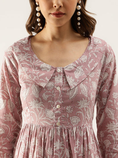 Women Lavender Floral Printed Cotton Ethnic Dress | LASVINI - Redefining Indian Fashion with Elegance
