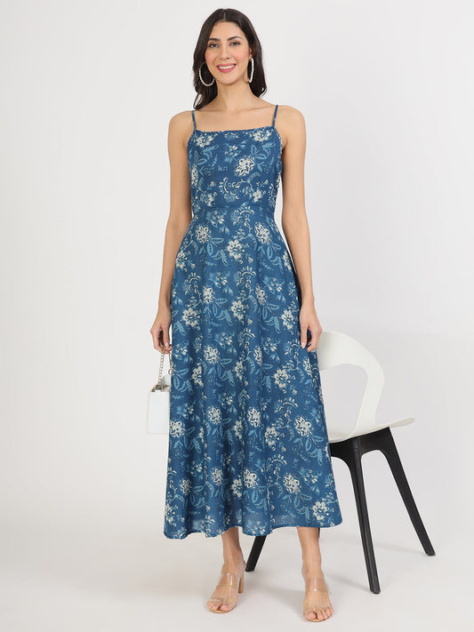 Indigo Blue Cotton Long Dress For Women | LASVINI - Redefining Indian Fashion with Elegance
