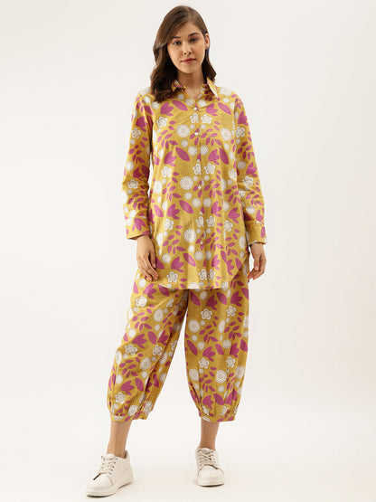 Women Mustard Floral Print Cotton Co-Ord Set | LASVINI - Redefining Indian Fashion with Elegance