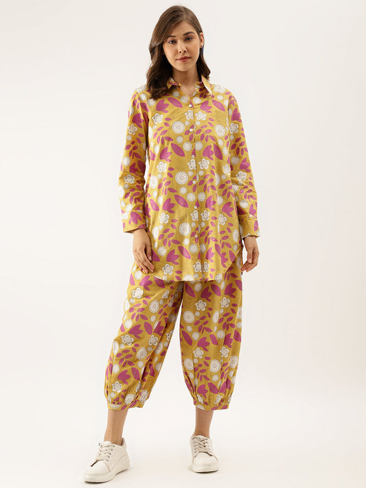 Women Mustard Floral Print Cotton Co-Ord Set | LASVINI - Redefining Indian Fashion with Elegance