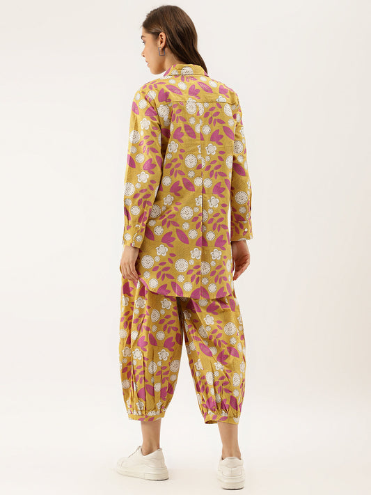 Women Mustard Floral Print Cotton Co-Ord Set | LASVINI - Redefining Indian Fashion with Elegance