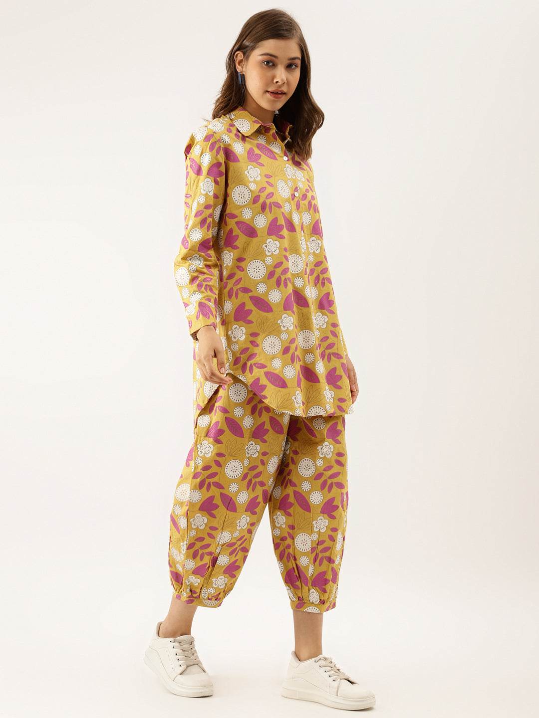 Women Mustard Floral Print Cotton Co-Ord Set | LASVINI - Redefining Indian Fashion with Elegance