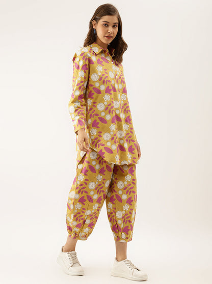 Women Mustard Floral Print Cotton Co-Ord Set | LASVINI - Redefining Indian Fashion with Elegance