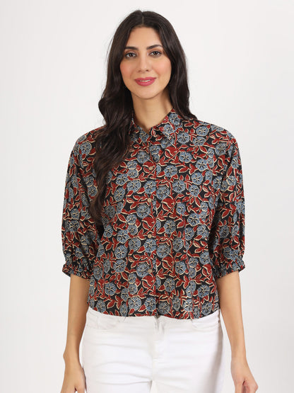 Women Black Floral Printed Cotton Tops | LASVINI - Redefining Indian Fashion with Elegance