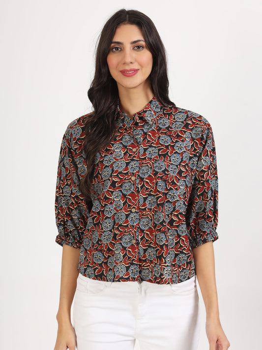 Women Black Floral Printed Cotton Tops | LASVINI - Redefining Indian Fashion with Elegance