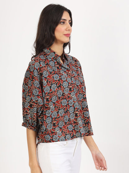 Women Black Floral Printed Cotton Tops | LASVINI - Redefining Indian Fashion with Elegance