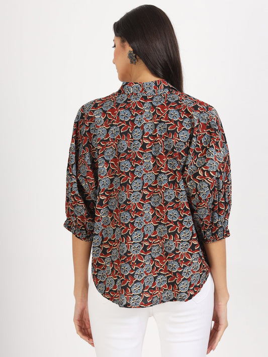 Women Black Floral Printed Cotton Tops | LASVINI - Redefining Indian Fashion with Elegance
