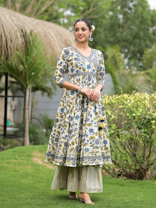 Off-White Floral Print Cotton Kurta Sharara Set For Women | LASVINI - Redefining Indian Fashion with Elegance