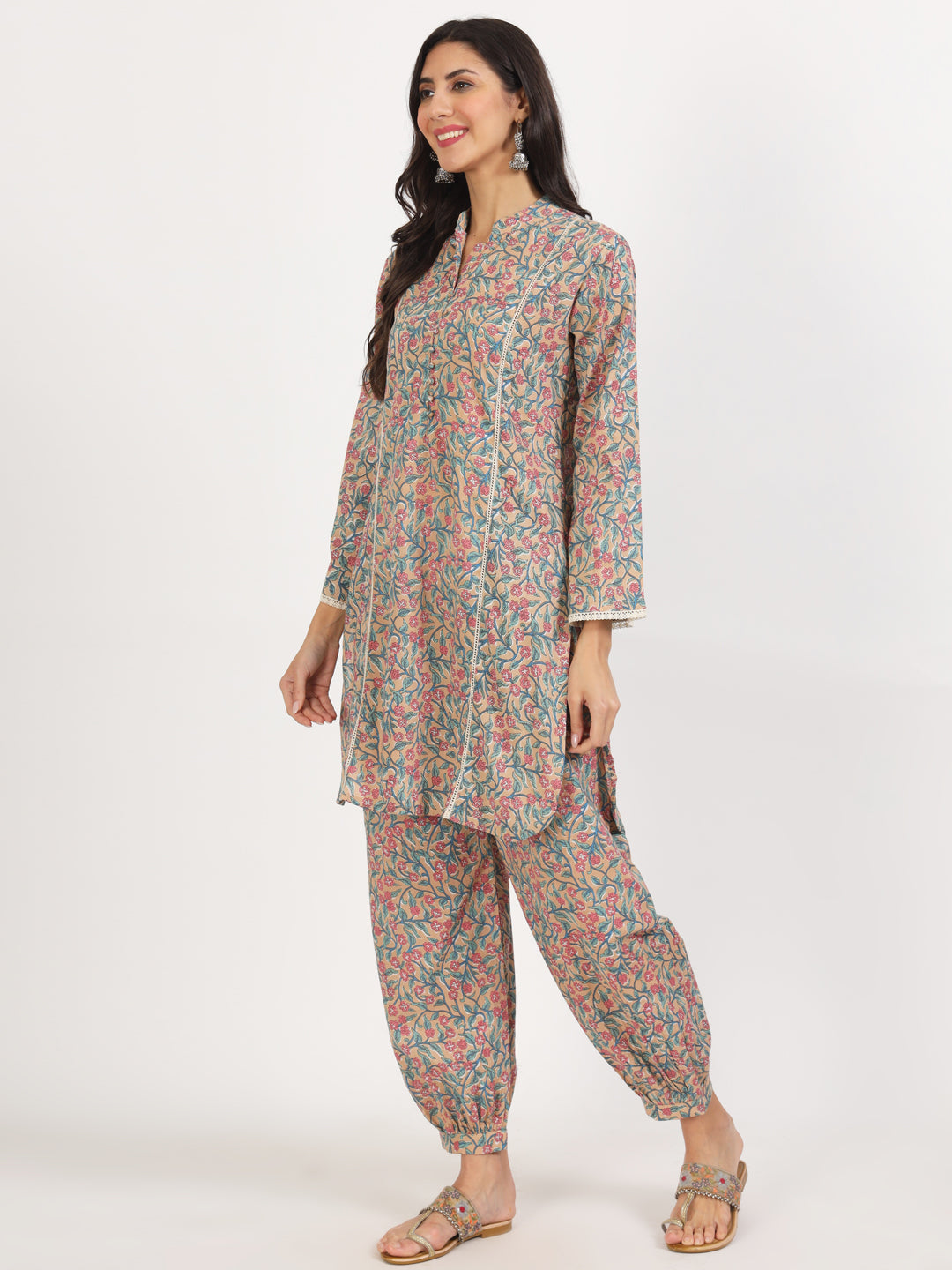 Women Beige Floral Printed Cotton Co-Ord Set | LASVINI - Redefining Indian Fashion with Elegance