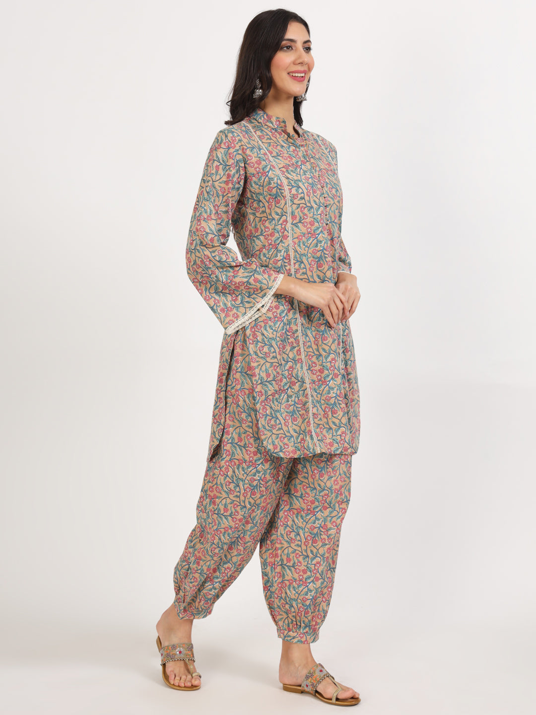 Women Beige Floral Printed Cotton Co-Ord Set | LASVINI - Redefining Indian Fashion with Elegance