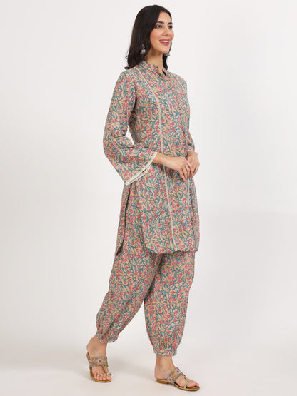 Women Beige Floral Printed Cotton Co-Ord Set | LASVINI - Redefining Indian Fashion with Elegance