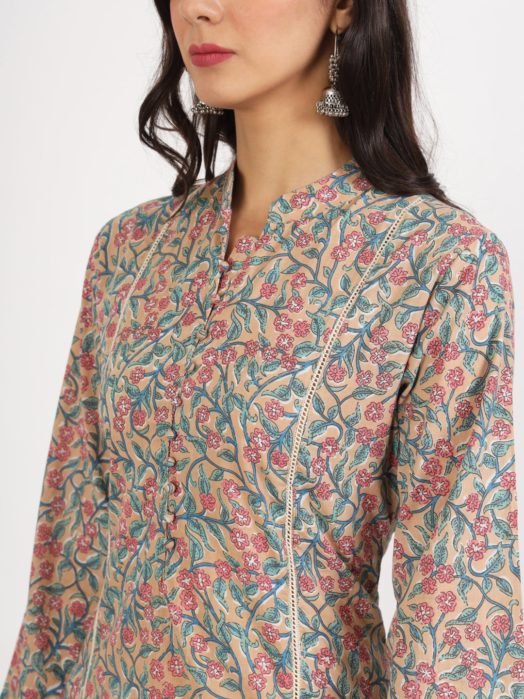 Women Beige Floral Printed Cotton Co-Ord Set | LASVINI - Redefining Indian Fashion with Elegance