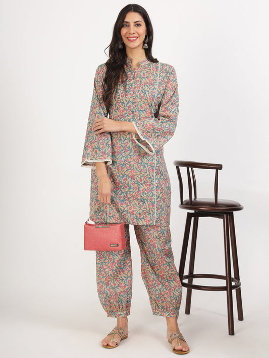 Women Beige Floral Printed Cotton Co-Ord Set | LASVINI - Redefining Indian Fashion with Elegance