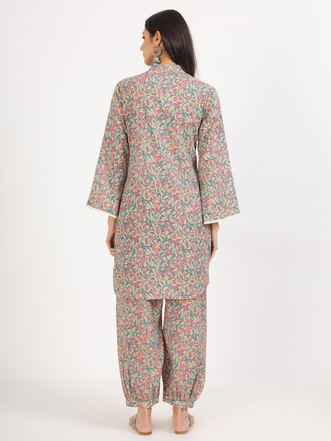 Women Beige Floral Printed Cotton Co-Ord Set | LASVINI - Redefining Indian Fashion with Elegance