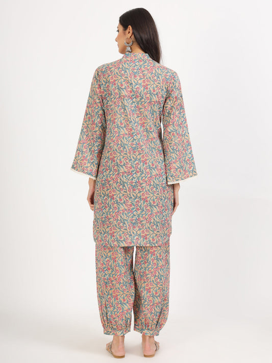 Women Beige Floral Printed Cotton Co-Ord Set | LASVINI - Redefining Indian Fashion with Elegance