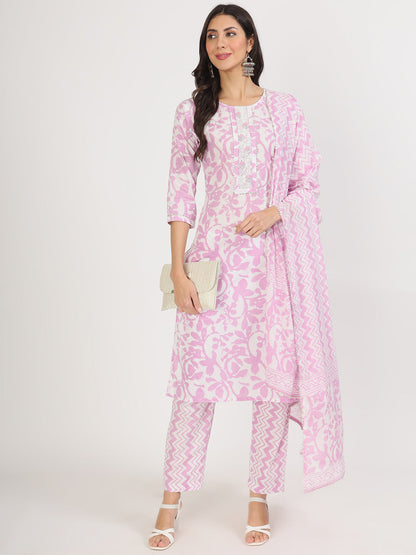 Purple Floral Print Cotton Kurta Pant With Dupatta Set For Women | LASVINI - Redefining Indian Fashion with Elegance