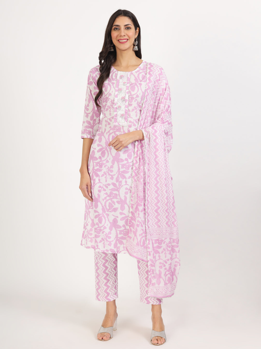 Purple Floral Print Cotton Kurta Pant With Dupatta Set For Women | LASVINI - Redefining Indian Fashion with Elegance