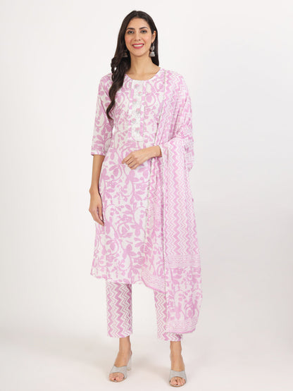 Purple Floral Print Cotton Kurta Pant With Dupatta Set For Women | LASVINI - Redefining Indian Fashion with Elegance