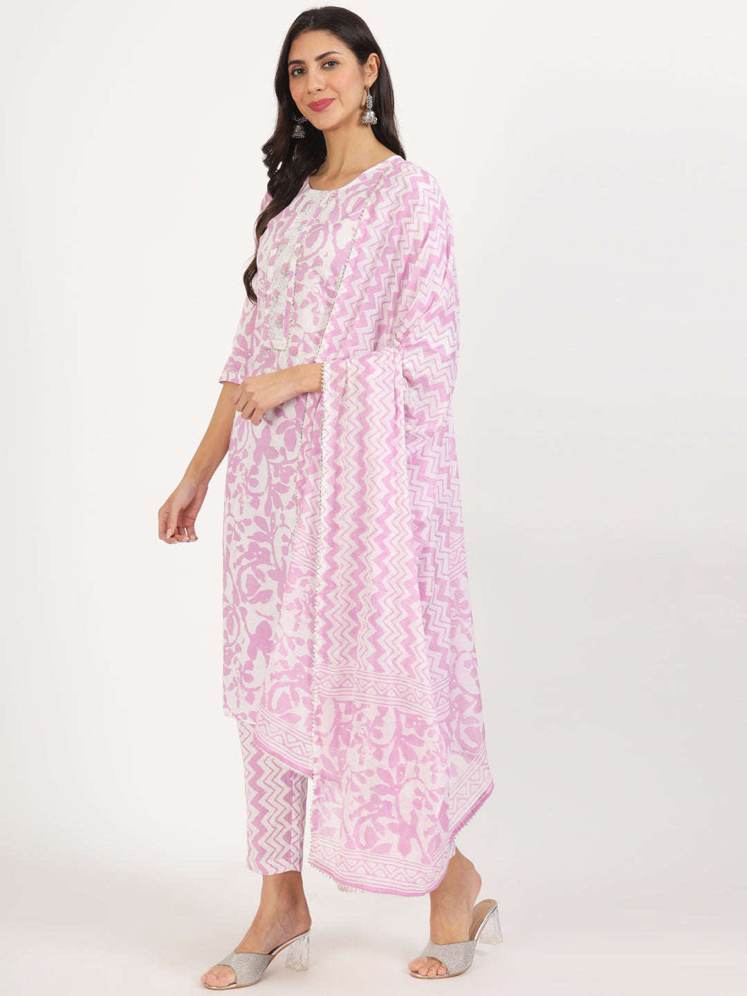 Purple Floral Print Cotton Kurta Pant With Dupatta Set For Women | LASVINI - Redefining Indian Fashion with Elegance