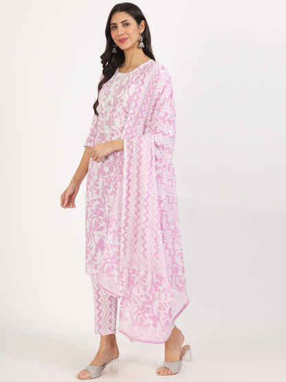 Purple Floral Print Cotton Kurta Pant With Dupatta Set For Women | LASVINI - Redefining Indian Fashion with Elegance